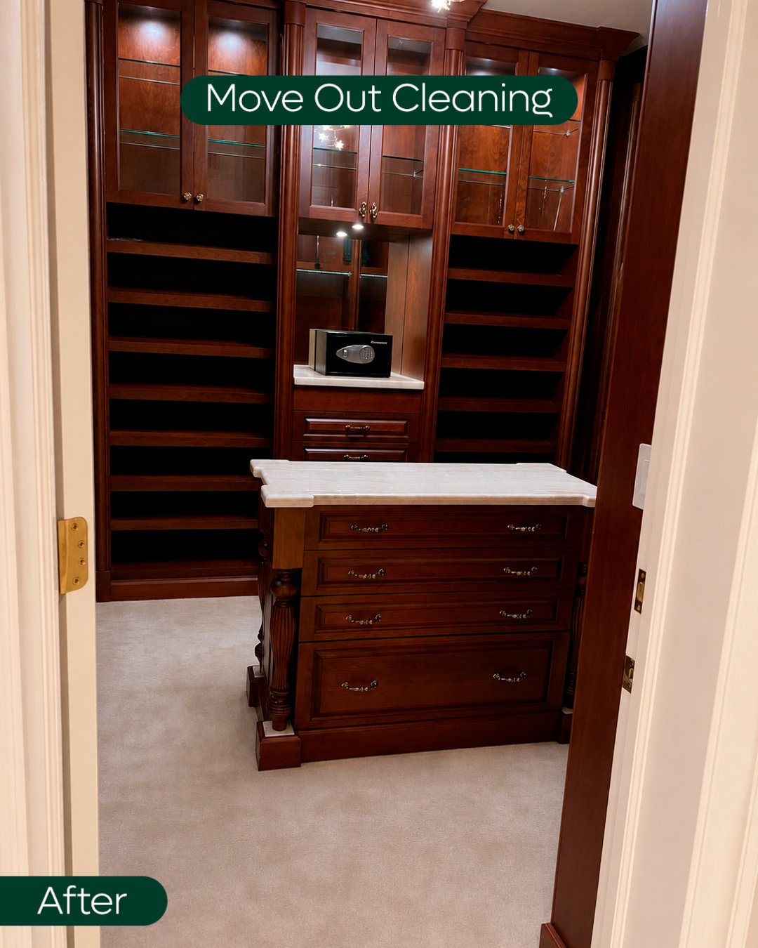 Walk-in closet fully cleaned and organized after a move-out service