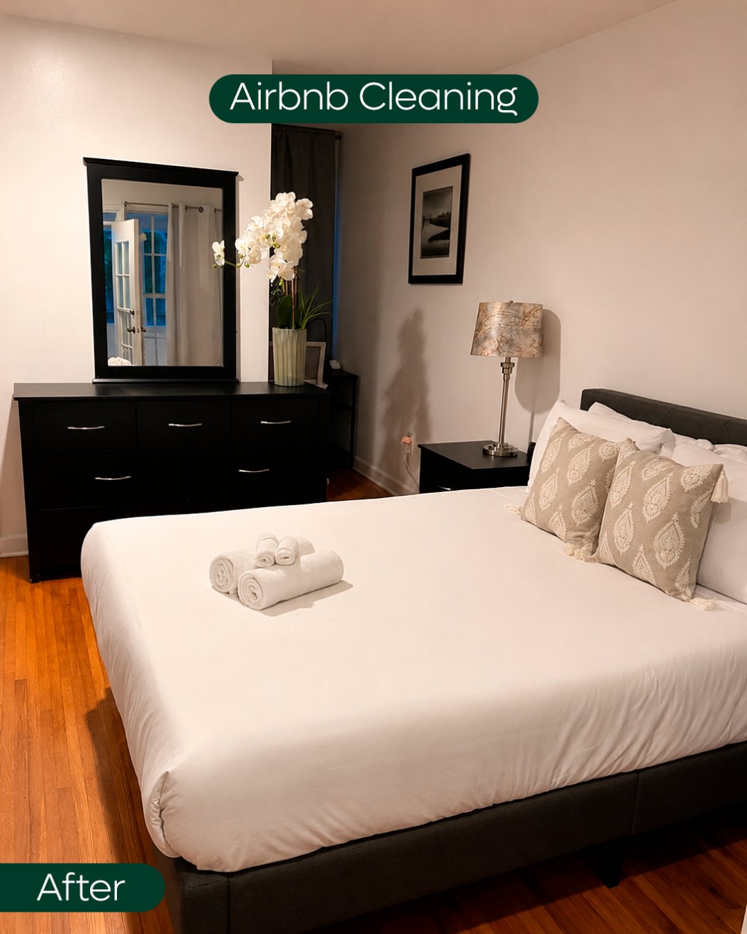 Main bedroom styled and cleaned for guest arrival