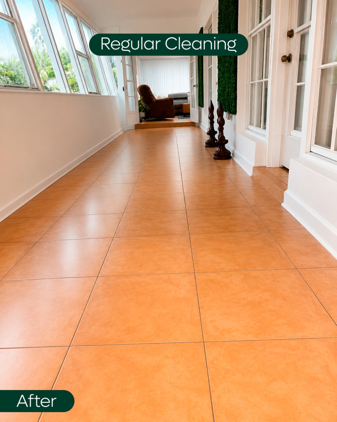 Tiled hallway and living area cleaned during a regular visit