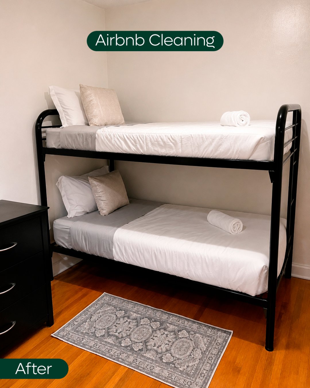 Bunk bed room cleaned and made up for guests