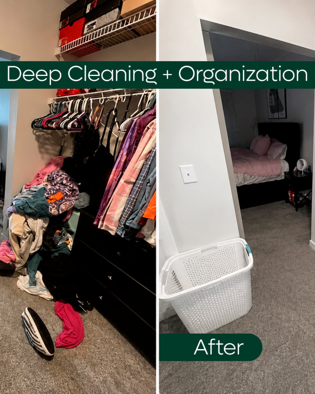 Closet before and after a deep cleaning and organization service