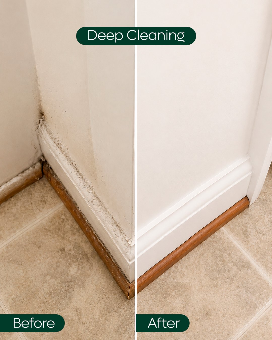 Baseboards and wall before and after deep cleaning
