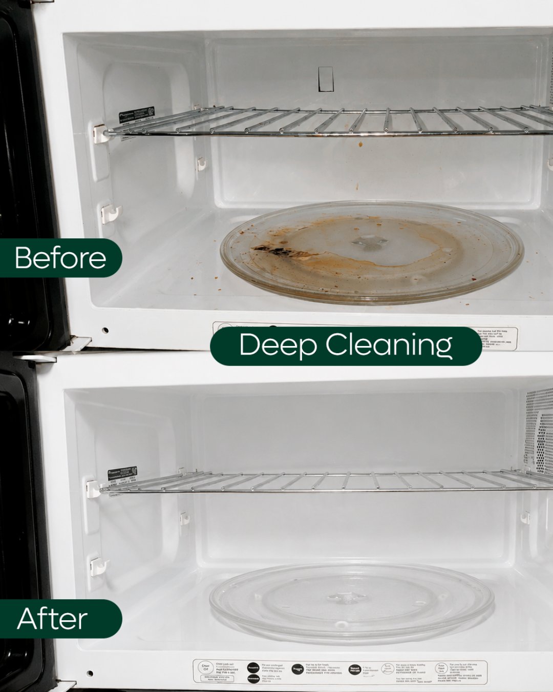 Microwave interior before and after a deep cleaning service