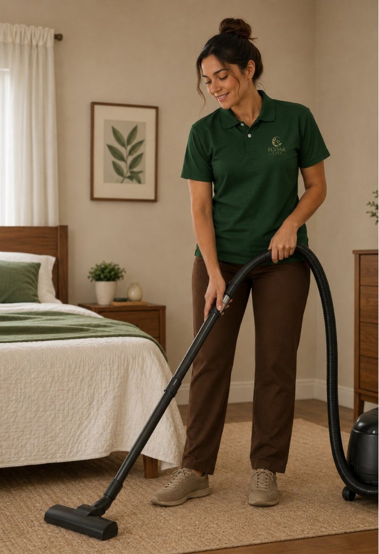 ECOAR Care specialist vacuuming a bedroom with professional equipment