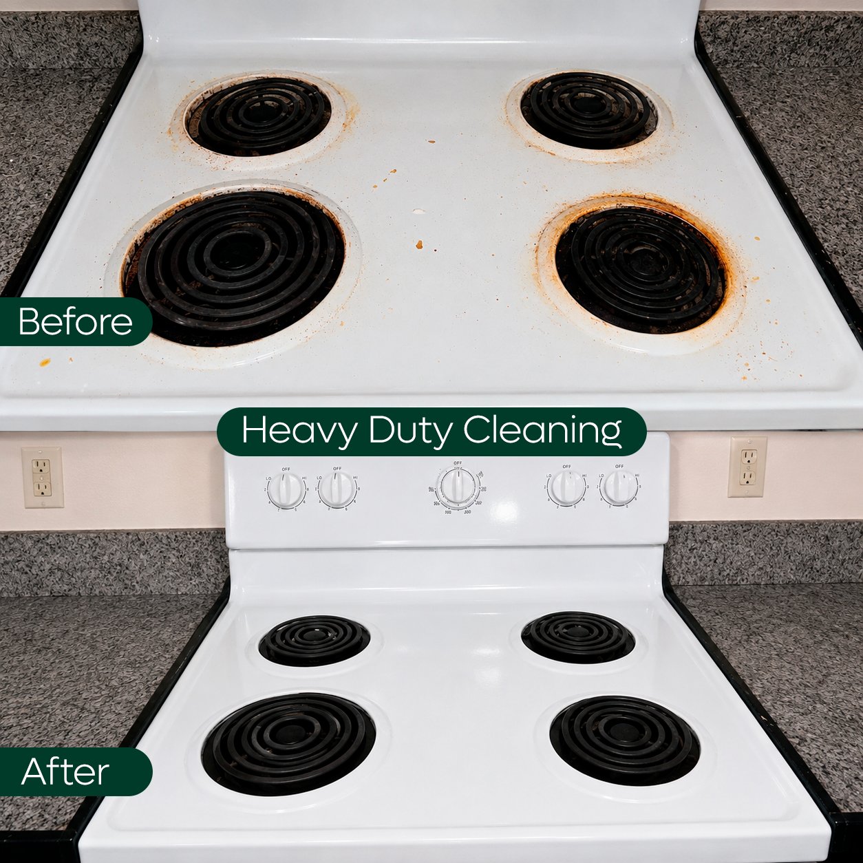 Electric stovetop before and after heavy-duty cleaning, burnt-on stains around the burners removed