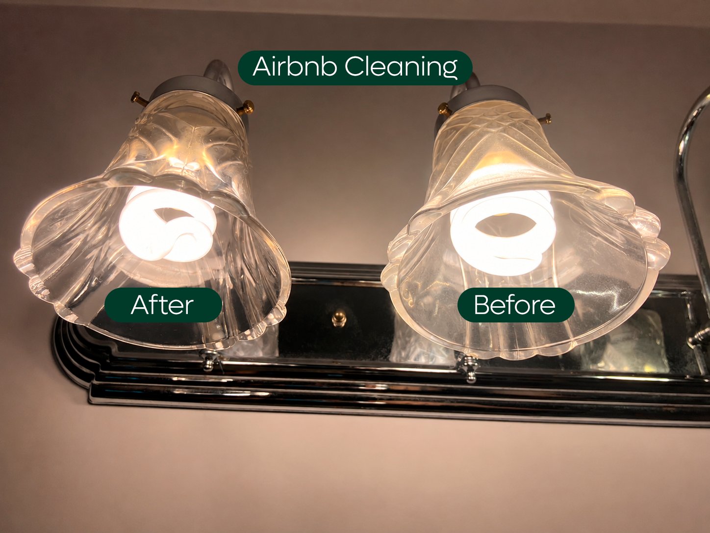 Bathroom vanity light shades after and before cleaning for an Airbnb turnover